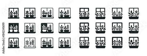 Set of window plant silhouettes displaying indoor gardening layo