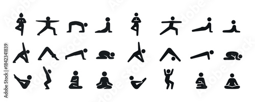 Silhouette icons of diverse yoga poses on a white background