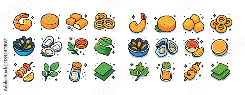 Assorted seafood and snacks: shrimp, oysters, lemons, spices, an