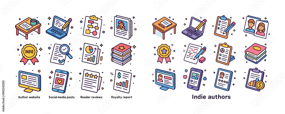 Obraz premium Colorful icons representing indie authors and writing tools