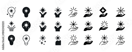 Collection of black and white starburst icon designs with hands