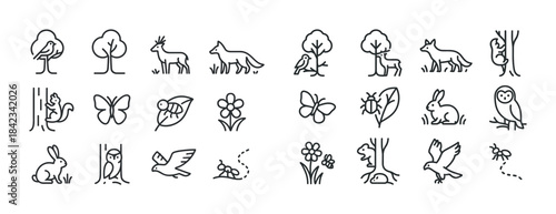 Simple nature icons featuring animals, trees, and plants