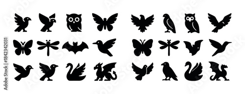 Silhouette icons of various birds and insects in black
