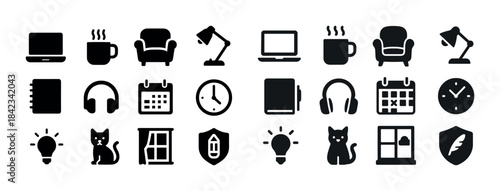 Home and office icons: furniture, electronics, pets, window, shi