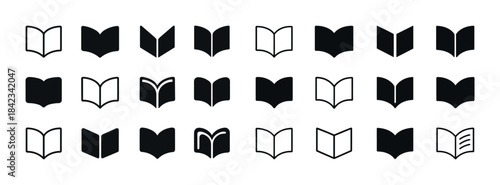 Collection of 20 minimalist open book icons in various styles