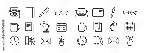 Office supplies and stationery icons: typewriters, mugs, clocks,