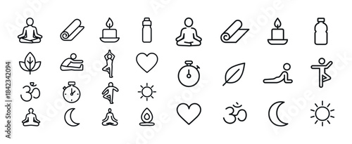 Minimal yoga and wellness icon set featuring meditation, exercis