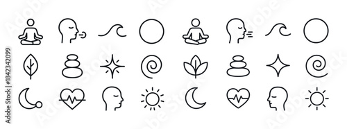 Set of line icons for meditation, breathing, nature, and calm mi
