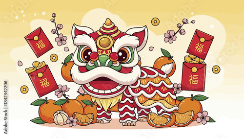 A vibrant illustration of a cute lion dance with red envelopes, mandarin oranges, and gold coins, celebrating Chinese New Year.