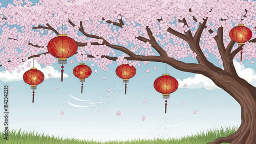 A beautiful cherry blossom tree with pink flowers and red Chinese lanterns hanging from its branches under a blue sky.