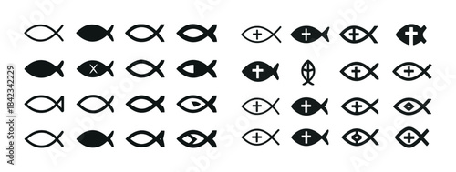 Variety of ichthys symbols and christian fish emblems in black i