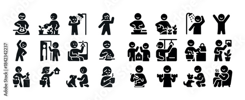 Daily life activities icons - diverse stick figures in various e
