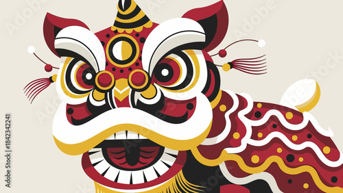 A vibrant, stylized illustration of a traditional Chinese lion dance head, featuring intricate patterns in red, gold, black, and white, symbolizing cultural celebration.