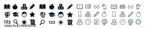 Educational icon set featuring books, globe, graduation cap, and