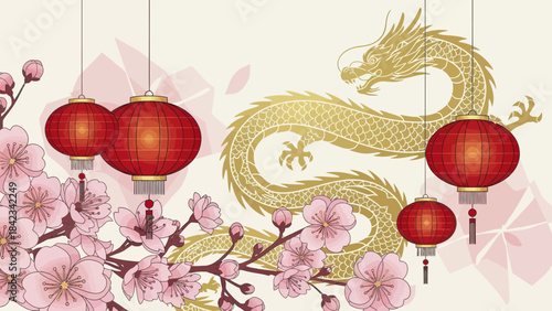 Golden dragon with red lanterns and pink cherry blossoms, celebrating Chinese New Year.