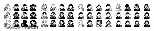 Set of diverse icon illustrations with various expressions and a