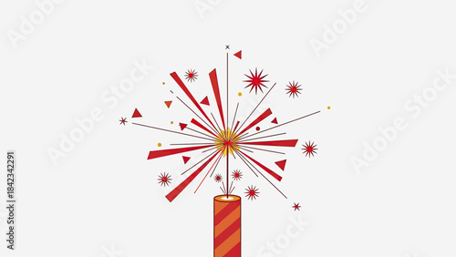 A vibrant illustration of a firecracker exploding with red and orange sparks and geometric shapes against a white background.