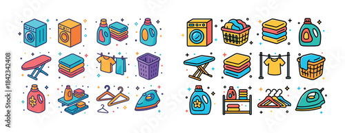 Colorful laundry icons: washing machines, detergents, baskets, i