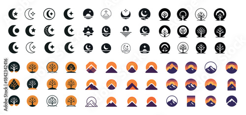 Icon set: moon, tree, mountain, and sunset designs