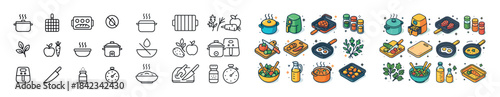 Icon set of cooking utensils and ingredients in line and color s