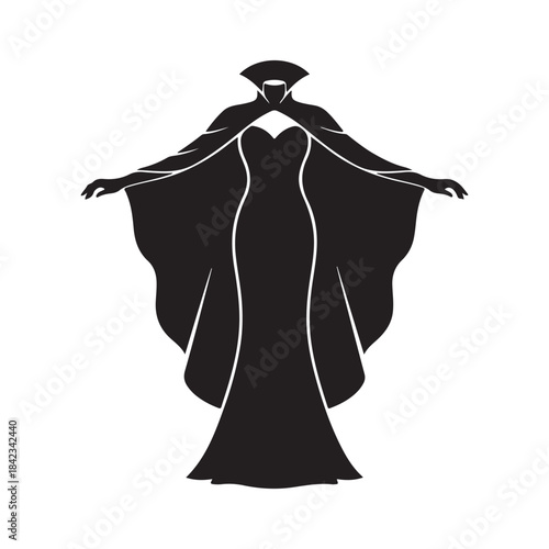 Voluminous Cape Dress Flows Dramatically, Elevating Monochrome Silhouette to Regal Splendor