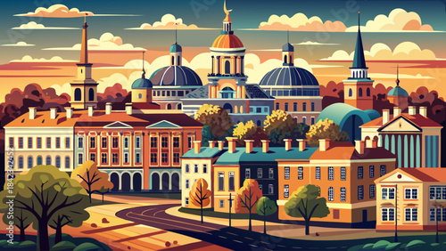 Very beautiful view of historic Petersburg with colonial-era buildings, tree-lined streets, and warm tones that highlight the city’s preserved charm, perfect for heritage, travel, and architectural 