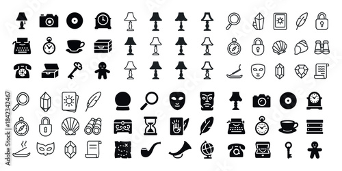 Collection of vintage icons: clocks, cameras, lamps, keys, and m