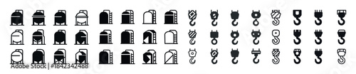Industrial equipment icons set featuring silos, arches, hooks an