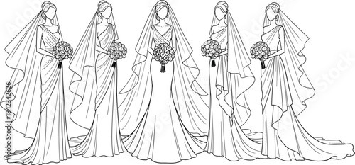 Wedding, bride, bridesmaid, gown, dress, veil, bouquet, fashion, elegant, ceremony, black, white, line, drawing, illustration, vector, woman, stylish, bridal, design