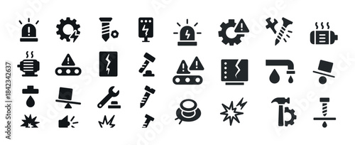 Industrial safety icons set: warning symbols, tools, hazards, en