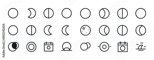 Line art moon phases and eclipses icon set