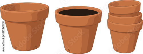 A realistic vector illustration set featuring three terracotta clay flowerpots, including one filled with soil and a stacked group, symbolizing gardening, planting, and horticultural concepts
