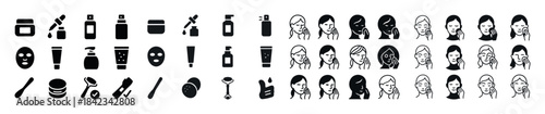 Skincare and beauty icons set: facial treatments, cosmetics, fem