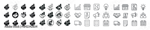 Business and communication icons: handshake, strategy, marketing