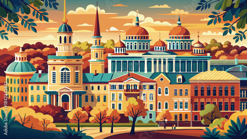 Very beautiful view of historic Petersburg with colonial-era buildings, tree-lined streets, and warm tones that highlight the city’s preserved charm, perfect for heritage, travel, and architectural 