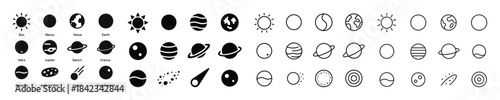 Solar system icons: planets, sun, asteroids, comet, orbit design