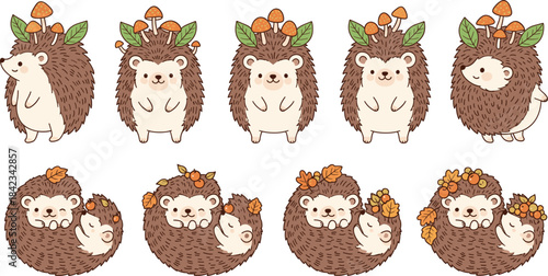 A delightful vector collection of ten cute cartoon hedgehogs in various standing and curled-up poses, decorated with mushrooms and autumn leaves, representing cozy nature and woodland concepts