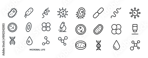 Set of microbial life icons representing bacteria, viruses, and