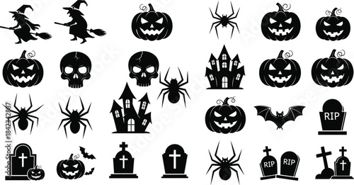 Halloween, spooky, silhouette, icon, vector, witch, skull, spider, haunted, house, tombstone, bat, RIP, scary, dark, horror, creepy, celebration, holiday, decoration