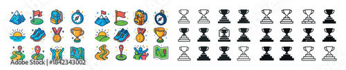 Colorful outdoor adventure icons and trophy silhouettes collecti