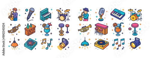 Colorful jazz and music icons featuring instruments and cocktail