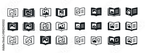 Collection of book icons with images in various styles on white