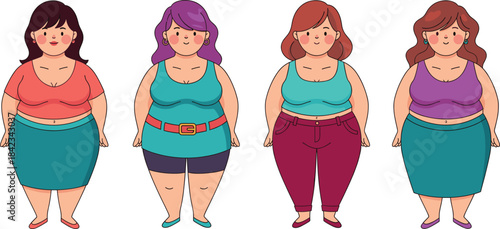 A diverse vector set of four happy, full-length, plus-size women celebrating body positivity and self-love concepts, represented in bright, stylish casual clothing