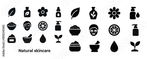Natural skincare icons: leaves, bottles, flowers, and spa elemen