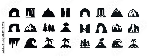 Nature icons collection: mountains, waterfalls, islands, volcano
