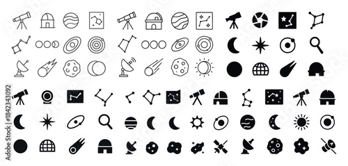 Astronomy icons set: telescopes, planets, stars, and constellati
