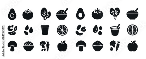 Collection of food icons featuring fruits, vegetables, and healt