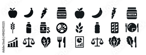 Collection of health and nutrition icons featuring food, plants,
