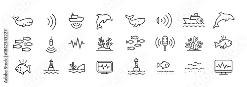 Marine life and ocean technology icons illustrating communicatio