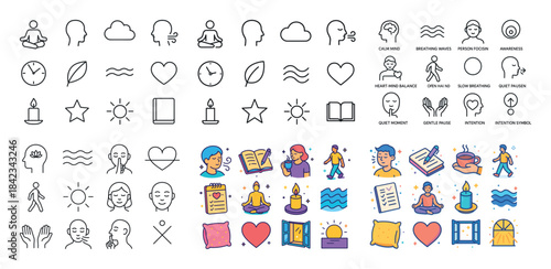 Mindfulness icons set: meditation, yoga, relaxation concepts in